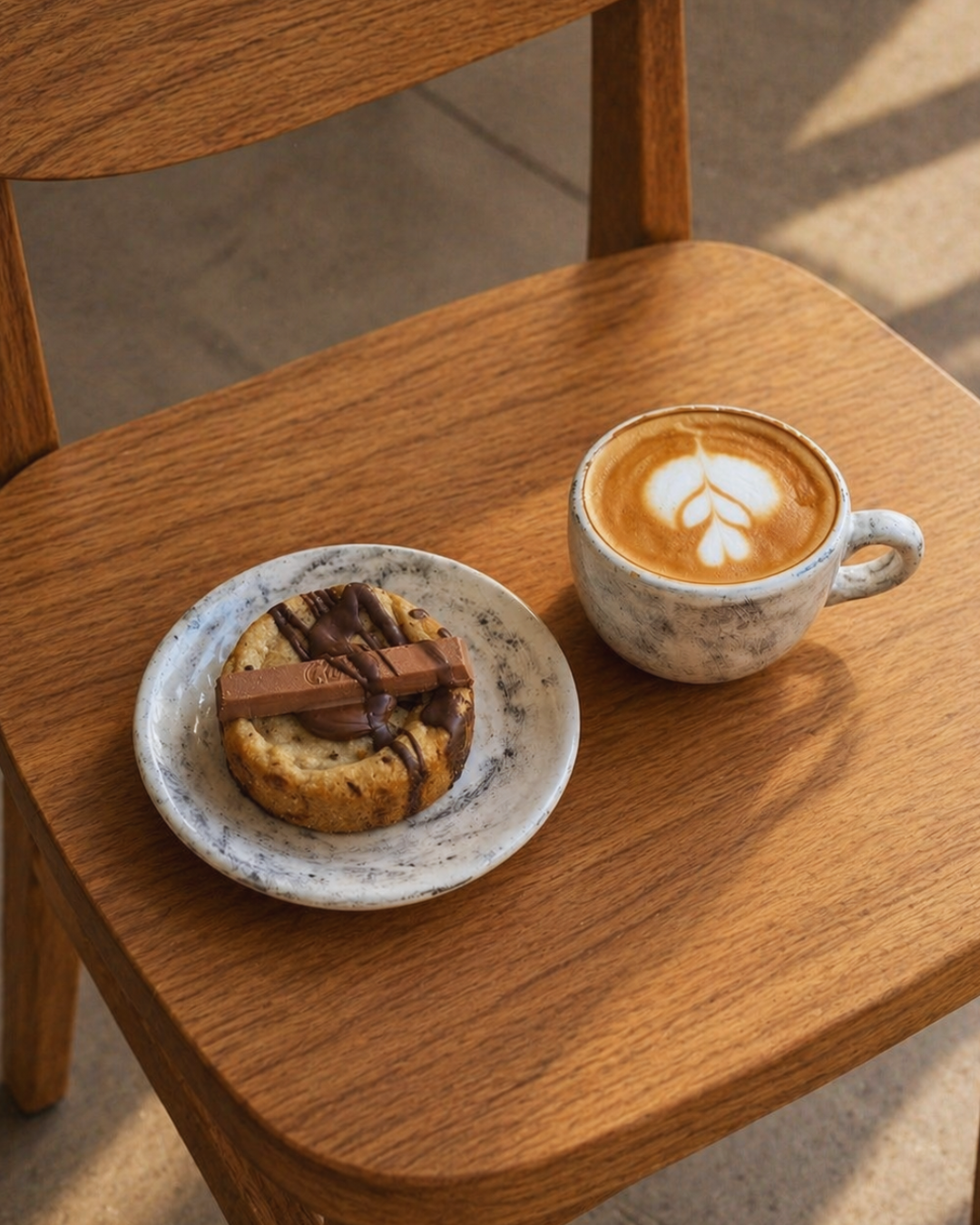 Latte y cookie sobre silla de madera